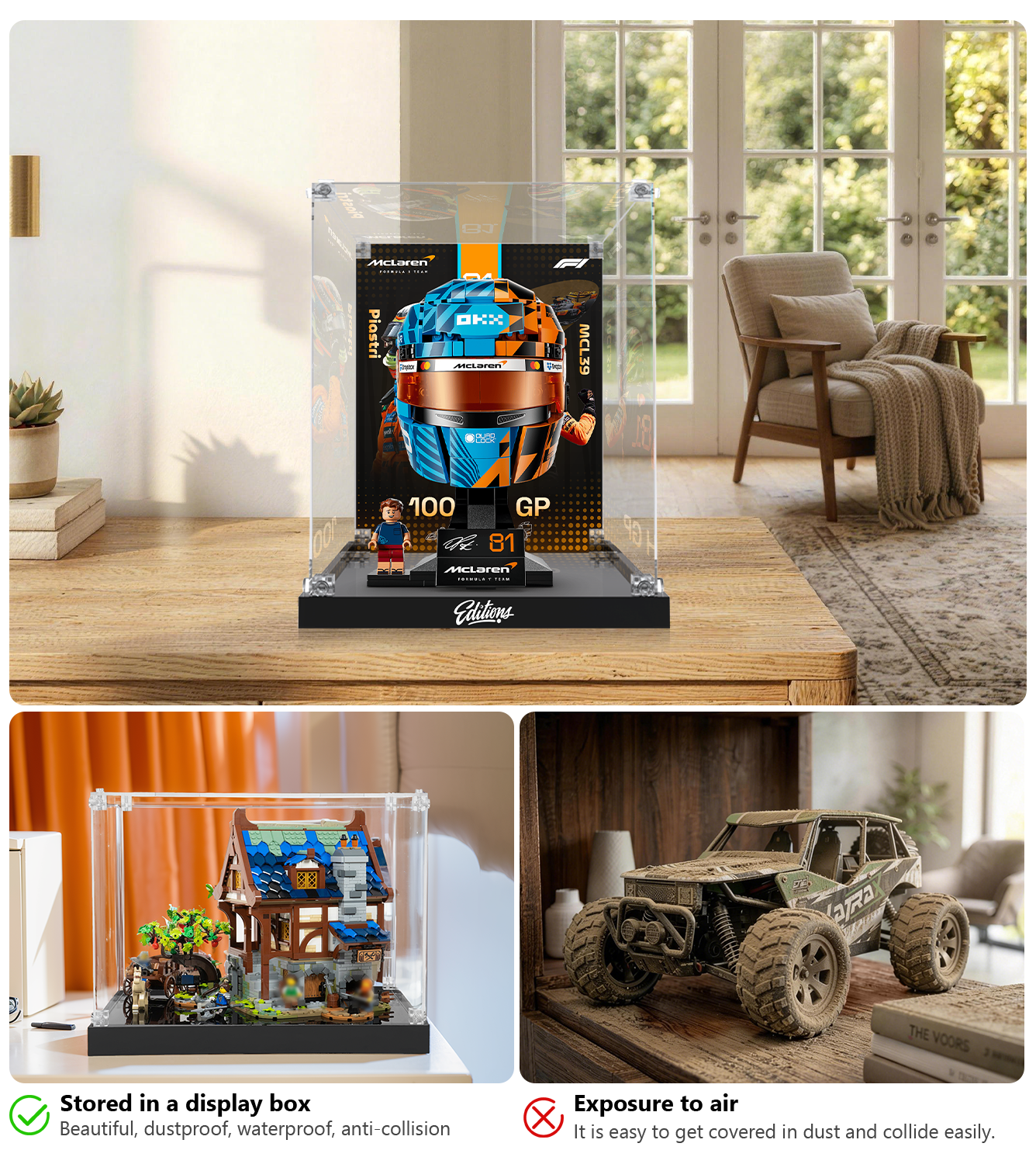 Premium Acrylic Display Case for LEGO® 43017 F1 Champion Helmet | Custom Red Bull Racing Inspired Backdrop | 98% High-Transparency Showcase