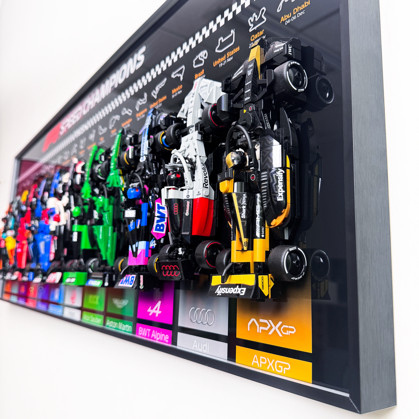 The Ultimate F1 Starting Grid: Horizontal Wall Display for 12 LEGO F1 Cars | Premium Aluminum Alloy Frame | Custom Team Backdrops