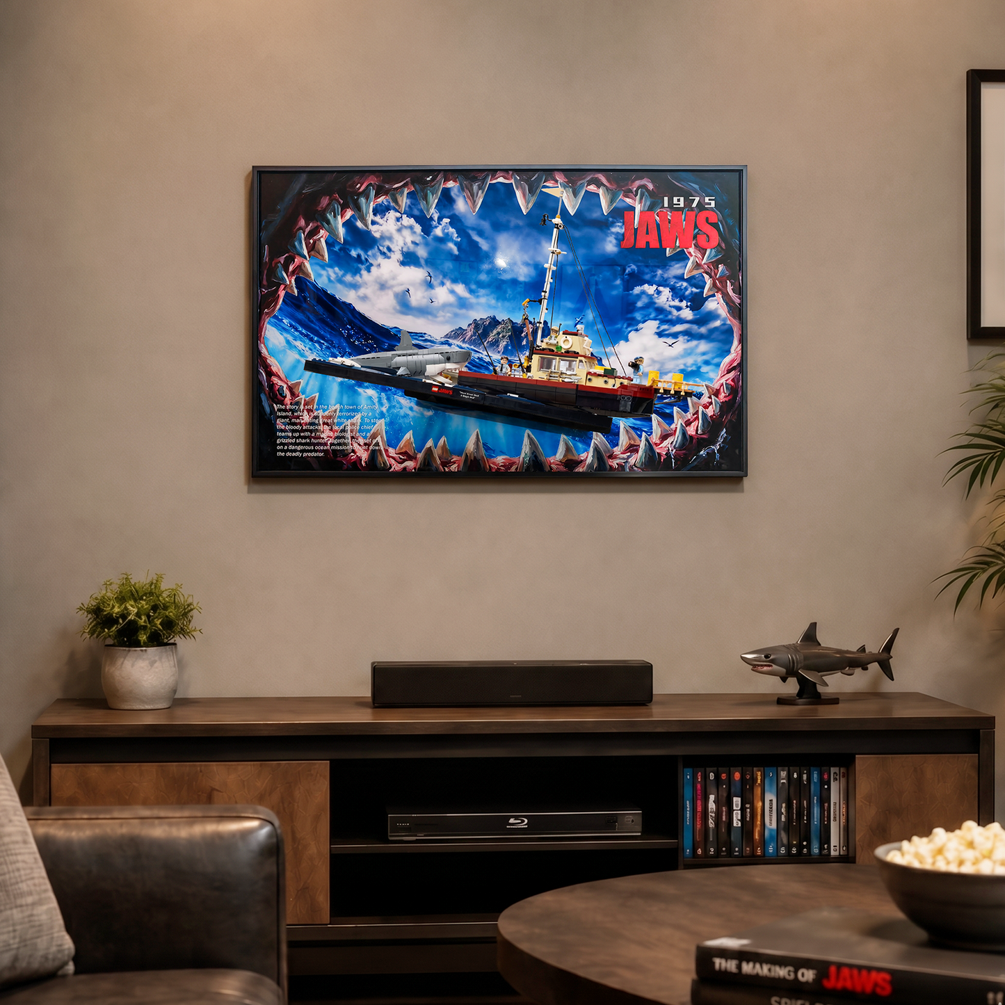 Cinematic Open-Frame Wall Display for LEGO® Ideas 21350 Jaws | High-Res Movie Backdrop | Anti-Glare Gallery Edition | 50x80cm