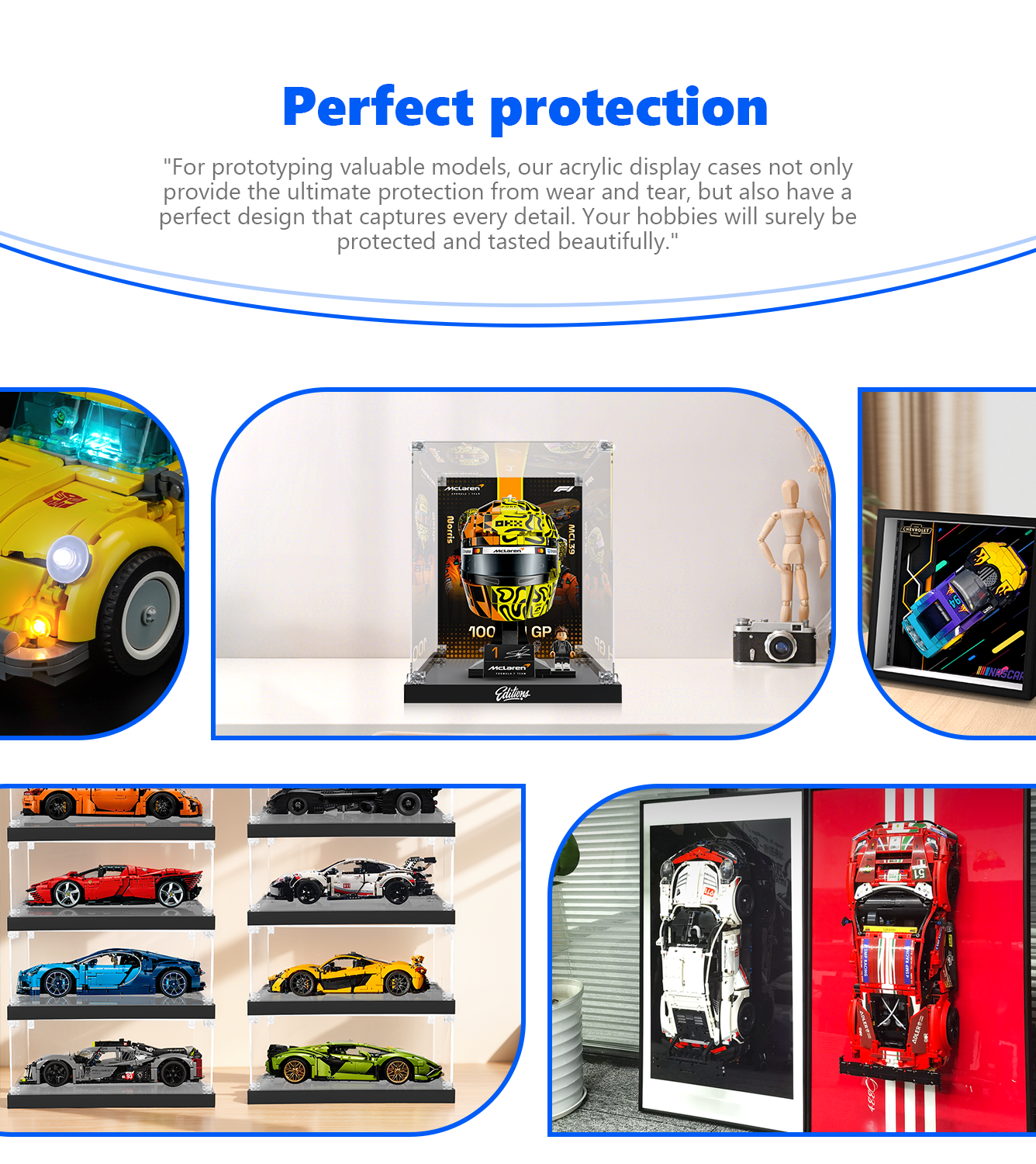 Premium Acrylic Display Case for LEGO® 43023 Lando Norris Helmet | Custom McLaren F1 Backdrop | 98% Transparency Exhibit Box