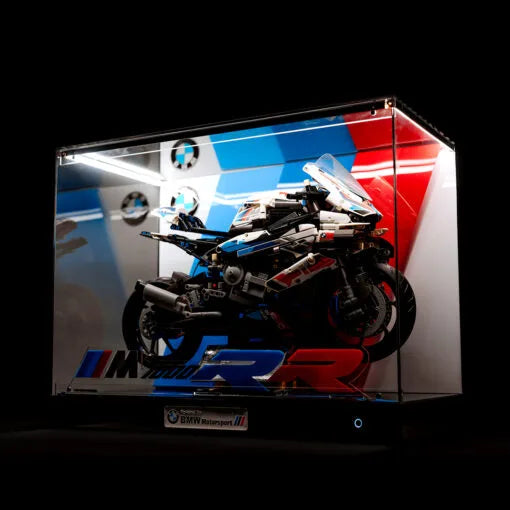 Premium M-Size Display Case for LEGO® 42130 BMW M 1000 RR | 3-Layer 3D Acrylic Backdrop | No-Assembly Magnetic Case