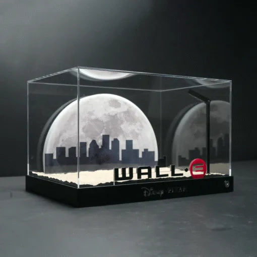 Cinematic LED Display Case for LEGO® 43279 WALL·E & EVE | Backlit Moon & City Skyline Backdrop | Realistic Stone Texture Base