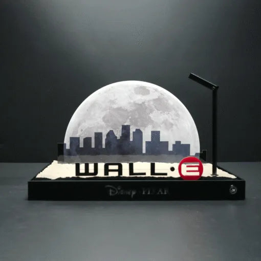 Cinematic LED Display Case for LEGO® 43279 WALL·E & EVE | Backlit Moon & City Skyline Backdrop | Realistic Stone Texture Base