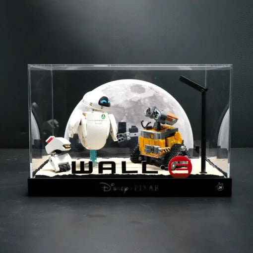 Cinematic LED Display Case for LEGO® 43279 WALL·E & EVE | Backlit Moon & City Skyline Backdrop | Realistic Stone Texture Base