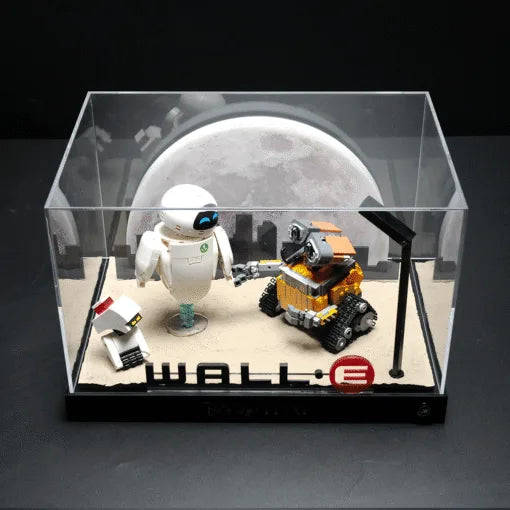 Cinematic LED Display Case for LEGO® 43279 WALL·E & EVE | Backlit Moon & City Skyline Backdrop | Realistic Stone Texture Base