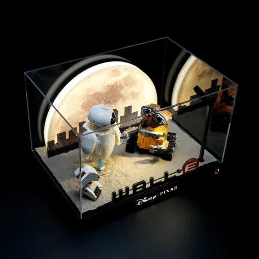 Cinematic LED Display Case for LEGO® 43279 WALL·E & EVE | Backlit Moon & City Skyline Backdrop | Realistic Stone Texture Base