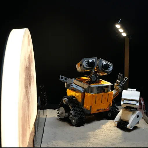 Cinematic LED Display Case for LEGO® 43279 WALL·E & EVE | Backlit Moon & City Skyline Backdrop | Realistic Stone Texture Base