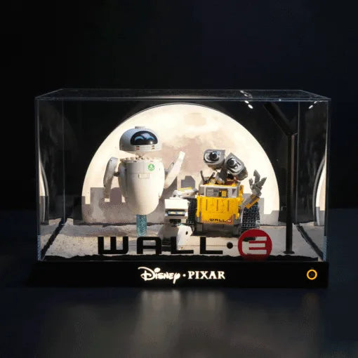 Cinematic LED Display Case for LEGO® 43279 WALL·E & EVE | Backlit Moon & City Skyline Backdrop | Realistic Stone Texture Base