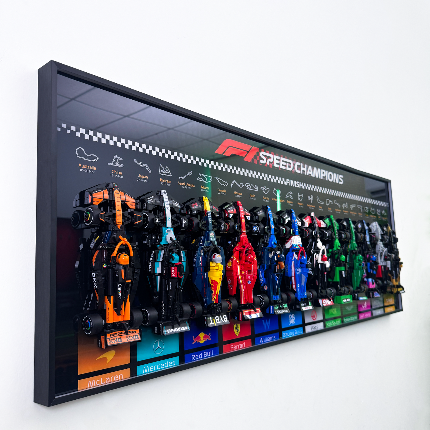 The Ultimate F1 Starting Grid: Horizontal Wall Display for 12 LEGO F1 Cars | Premium Aluminum Alloy Frame | Custom Team Backdrops