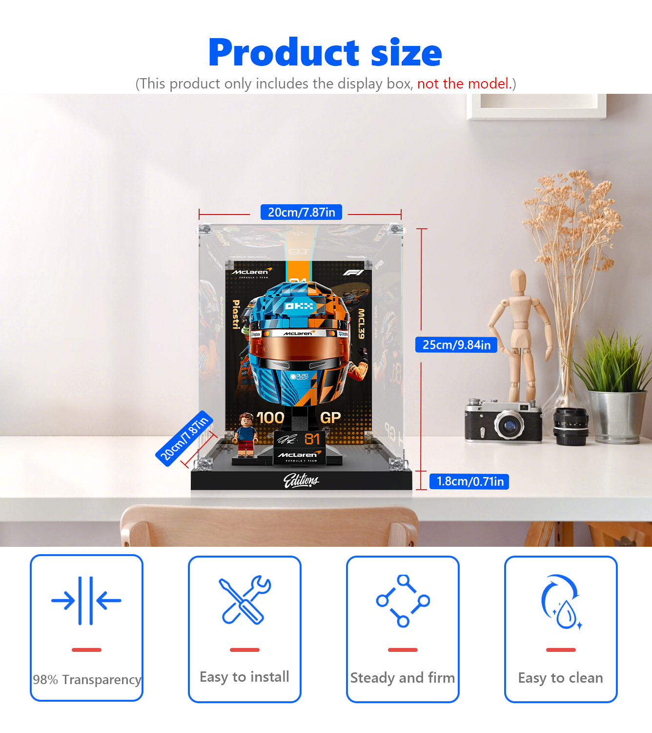 Premium Acrylic Display Case for LEGO® 43017 F1 Champion Helmet | Custom Red Bull Racing Inspired Backdrop | 98% High-Transparency Showcase
