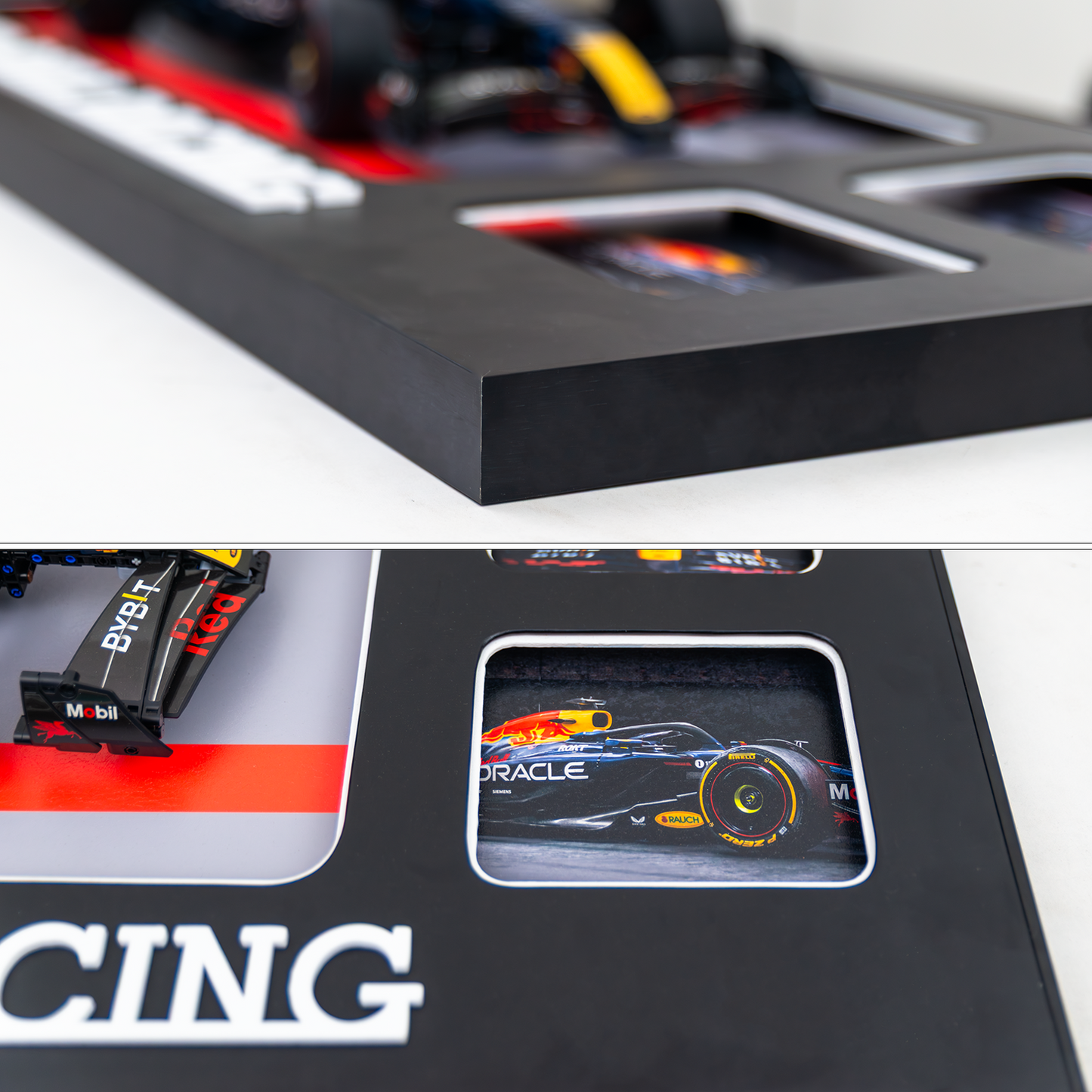 Premium 3D Wall Display Frame for F1 Models, Compatible with LEGO Technic, Aluminum Frame with HD Printed Backdrop for Red Bull
