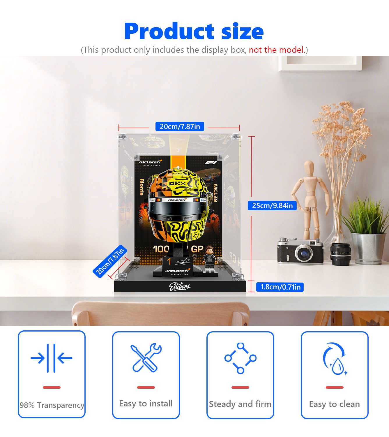 Premium Acrylic Display Case for LEGO® 43023 Lando Norris Helmet | Custom McLaren F1 Backdrop | 98% Transparency Exhibit Box