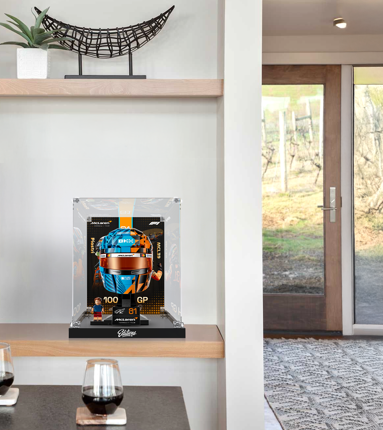 Premium Acrylic Display Case for LEGO® 43017 F1 Champion Helmet | Custom Red Bull Racing Inspired Backdrop | 98% High-Transparency Showcase