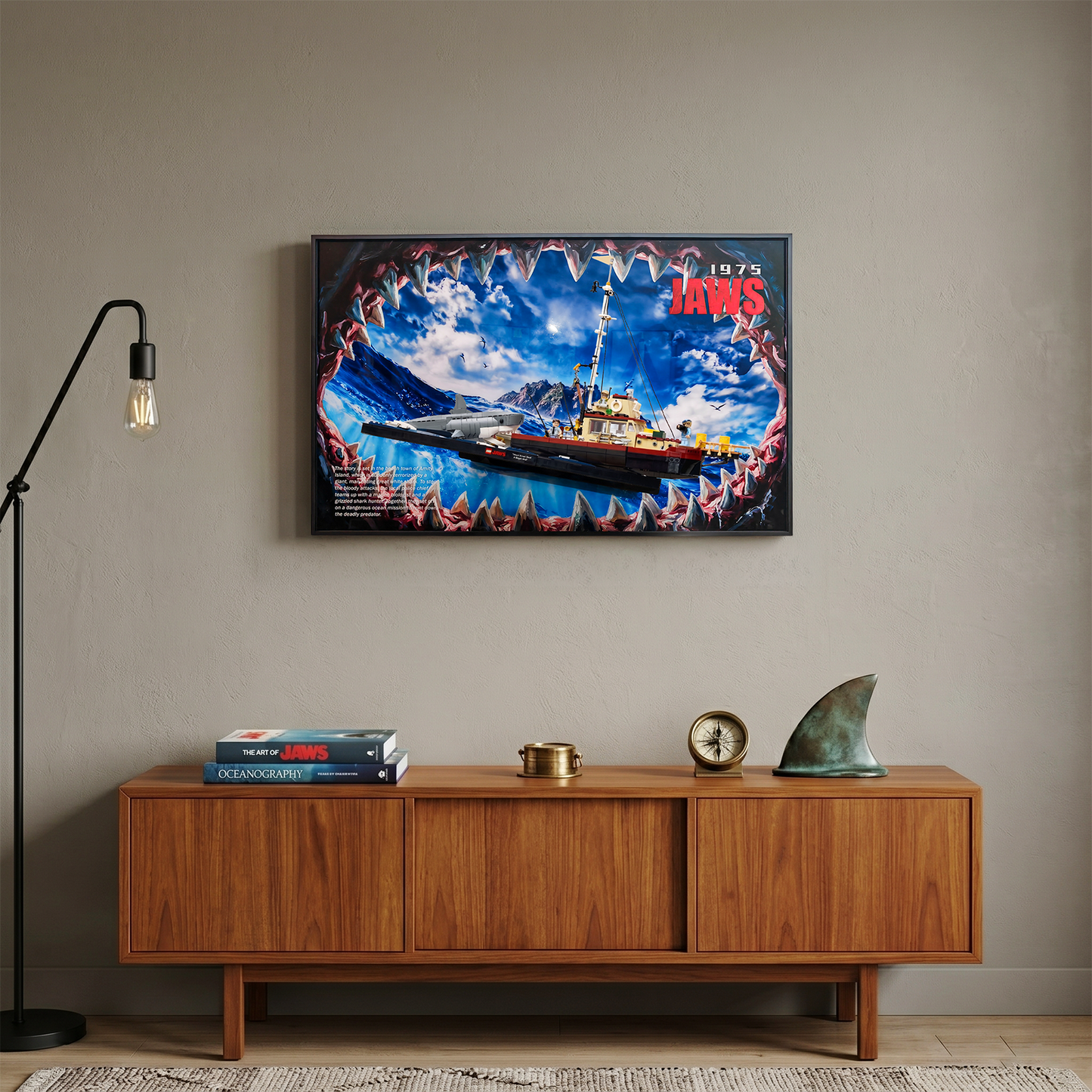 Cinematic Open-Frame Wall Display for LEGO® Ideas 21350 Jaws | High-Res Movie Backdrop | Anti-Glare Gallery Edition | 50x80cm