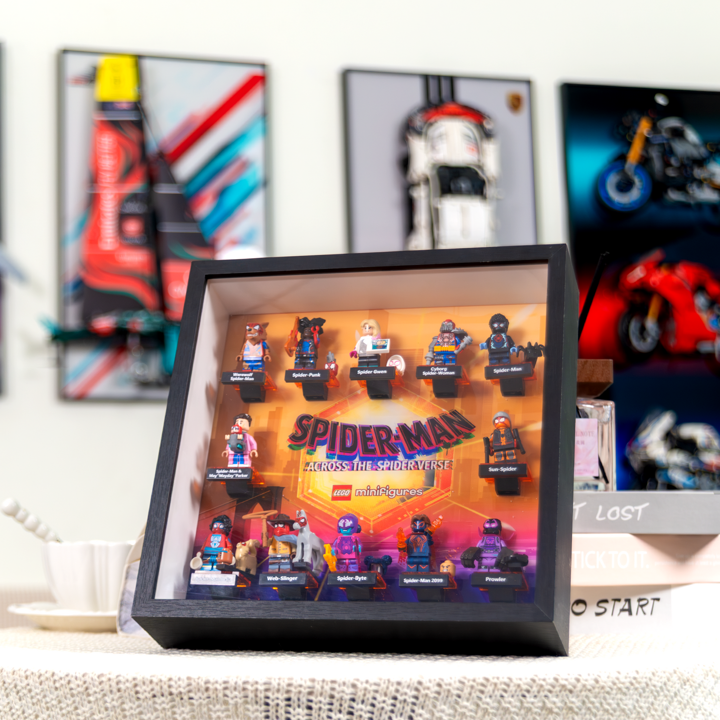 Premium Wooden Wall Display Frame Compatible with LEGO® Minifigures Marvel Spider-Man: Across the Spider-Verse 71050