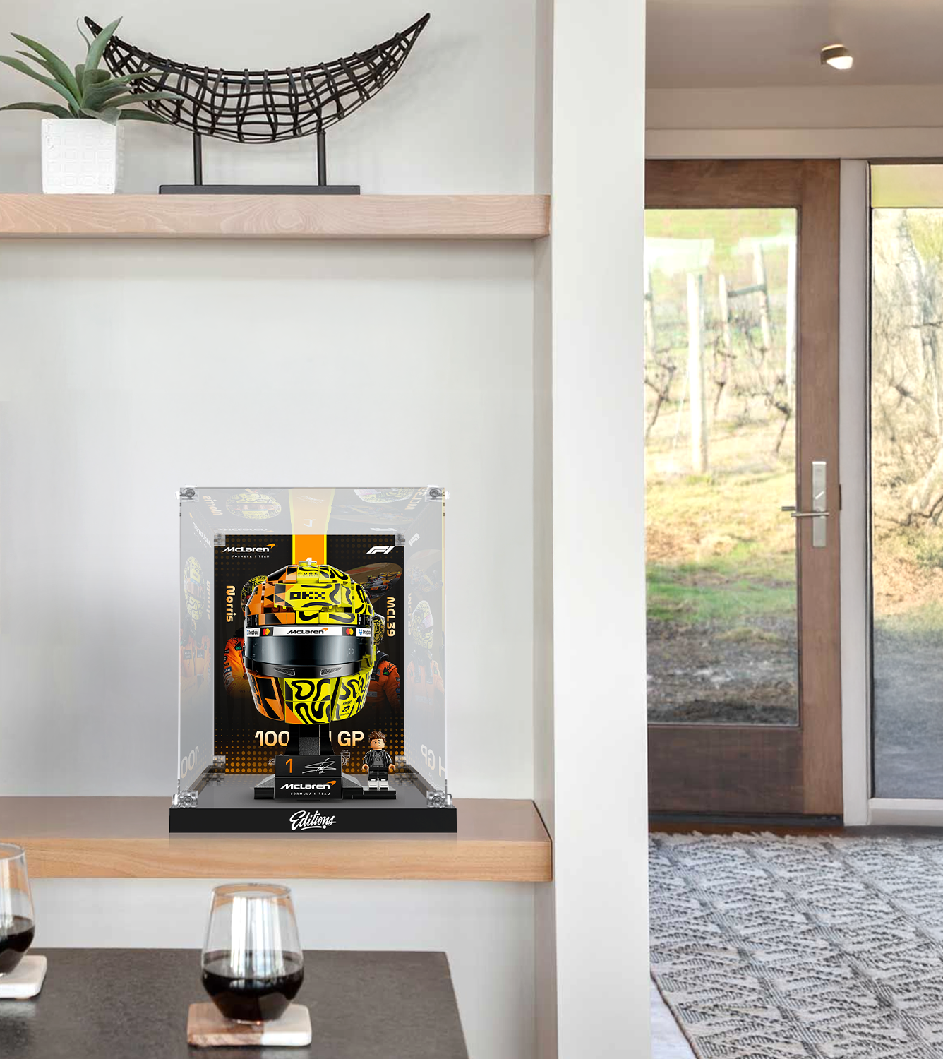 Premium Acrylic Display Case for LEGO® 43023 Lando Norris Helmet | Custom McLaren F1 Backdrop | 98% Transparency Exhibit Box
