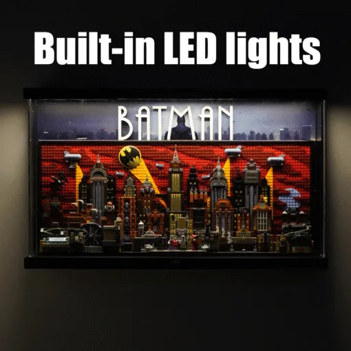 Premium Pine Wood LED Display Case for LEGO® 76271 Gotham City | Sliding Acrylic Door | Integrated Power Bank Compartment