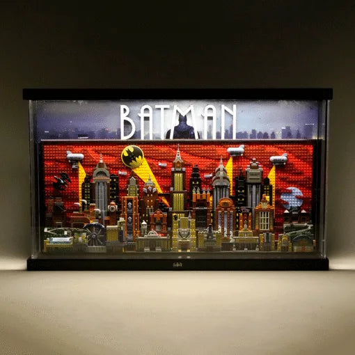 Premium Pine Wood LED Display Case for LEGO® 76271 Gotham City | Sliding Acrylic Door | Integrated Power Bank Compartment