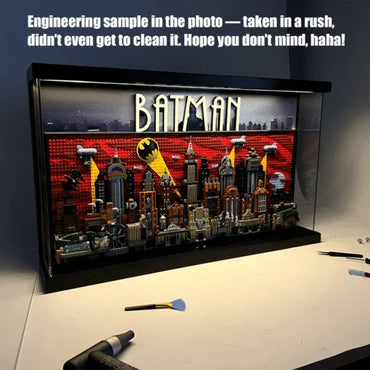 Premium Pine Wood LED Display Case for LEGO® 76271 Gotham City | Sliding Acrylic Door | Integrated Power Bank Compartment