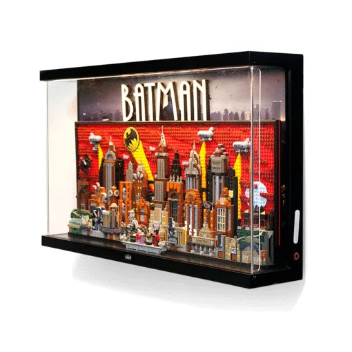 Premium Pine Wood LED Display Case for LEGO® 76271 Gotham City | Sliding Acrylic Door | Integrated Power Bank Compartment