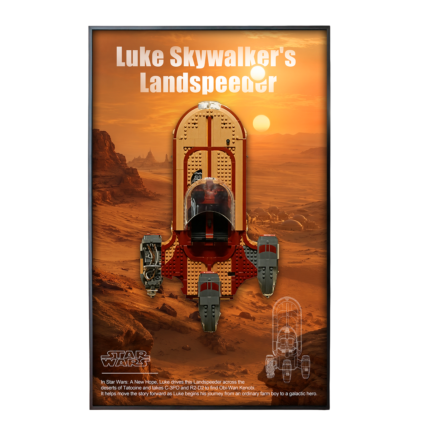 Premium Wall Mount Display Backdrop Board for LEGO Star Wars UCS 75341 Luke Skywalker's Landspeeder | 3D Floating X-34 Vehicle Plaque Frame Art