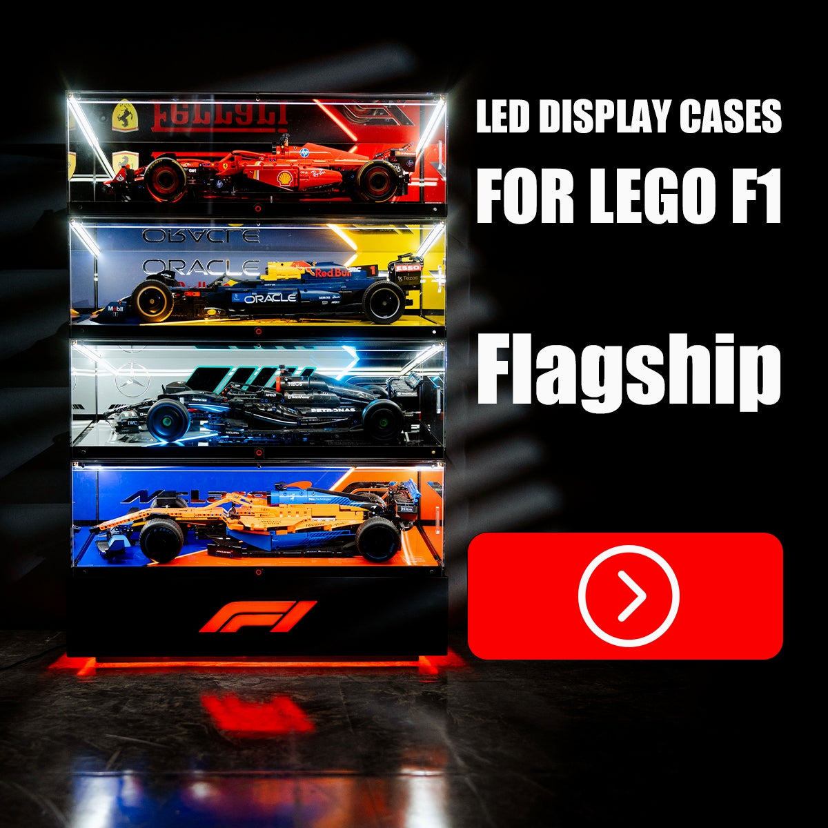 Stackable XL F1 Display Case for LEGO® Technic | Dustproof Magnetic Door & Lighted Base