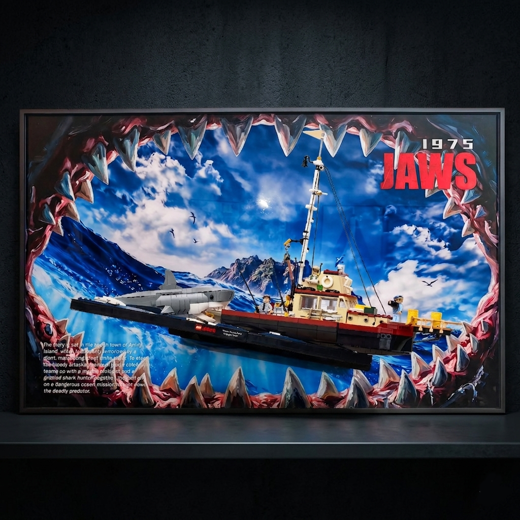 Cinematic Open-Frame Wall Display for LEGO® Ideas 21350 Jaws | High-Res Movie Backdrop | Anti-Glare Gallery Edition | 50x80cm