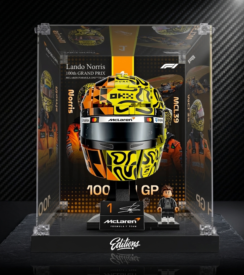 Premium Acrylic Display Case for LEGO® 43023 Lando Norris Helmet | Custom McLaren F1 Backdrop | 98% Transparency Exhibit Box