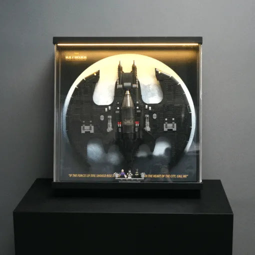 Premium Pine Wood LED Display Case for LEGO® 76161 Batman 1989 Batwing | Sliding Acrylic Door | Wall-Mountable Gallery Case