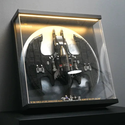 Premium Pine Wood LED Display Case for LEGO® 76161 Batman 1989 Batwing | Sliding Acrylic Door | Wall-Mountable Gallery Case