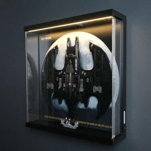 Premium Pine Wood LED Display Case for LEGO® 76161 Batman 1989 Batwing | Sliding Acrylic Door | Wall-Mountable Gallery Case