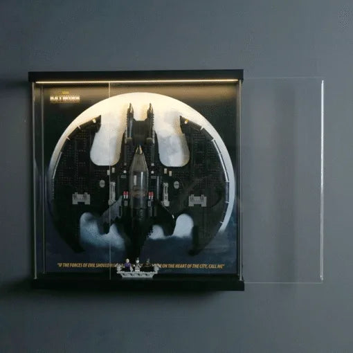 Premium Pine Wood LED Display Case for LEGO® 76161 Batman 1989 Batwing | Sliding Acrylic Door | Wall-Mountable Gallery Case