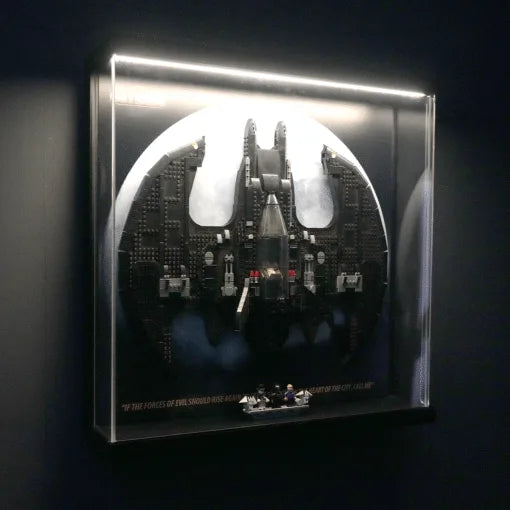 Premium Pine Wood LED Display Case for LEGO® 76161 Batman 1989 Batwing | Sliding Acrylic Door | Wall-Mountable Gallery Case