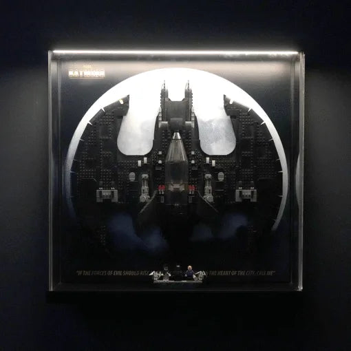 Premium Pine Wood LED Display Case for LEGO® 76161 Batman 1989 Batwing | Sliding Acrylic Door | Wall-Mountable Gallery Case