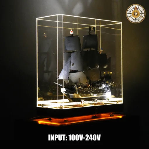 Premium Wooden Base LED Display Case for LEGO® 10365 Black Pearl | Beech Wood & Mirror Finish | Aztec Gold Engraved Acrylic Case