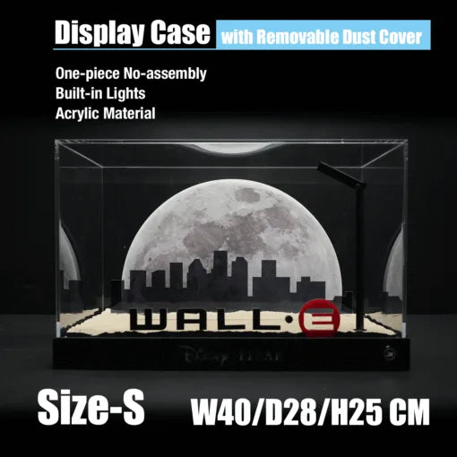 Cinematic LED Display Case for LEGO® 43279 WALL·E & EVE | Backlit Moon & City Skyline Backdrop | Realistic Stone Texture Base