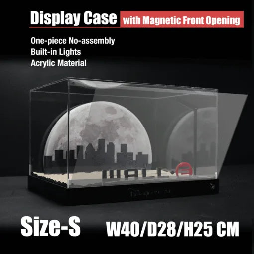 Cinematic LED Display Case for LEGO® 43279 WALL·E & EVE | Backlit Moon & City Skyline Backdrop | Realistic Stone Texture Base