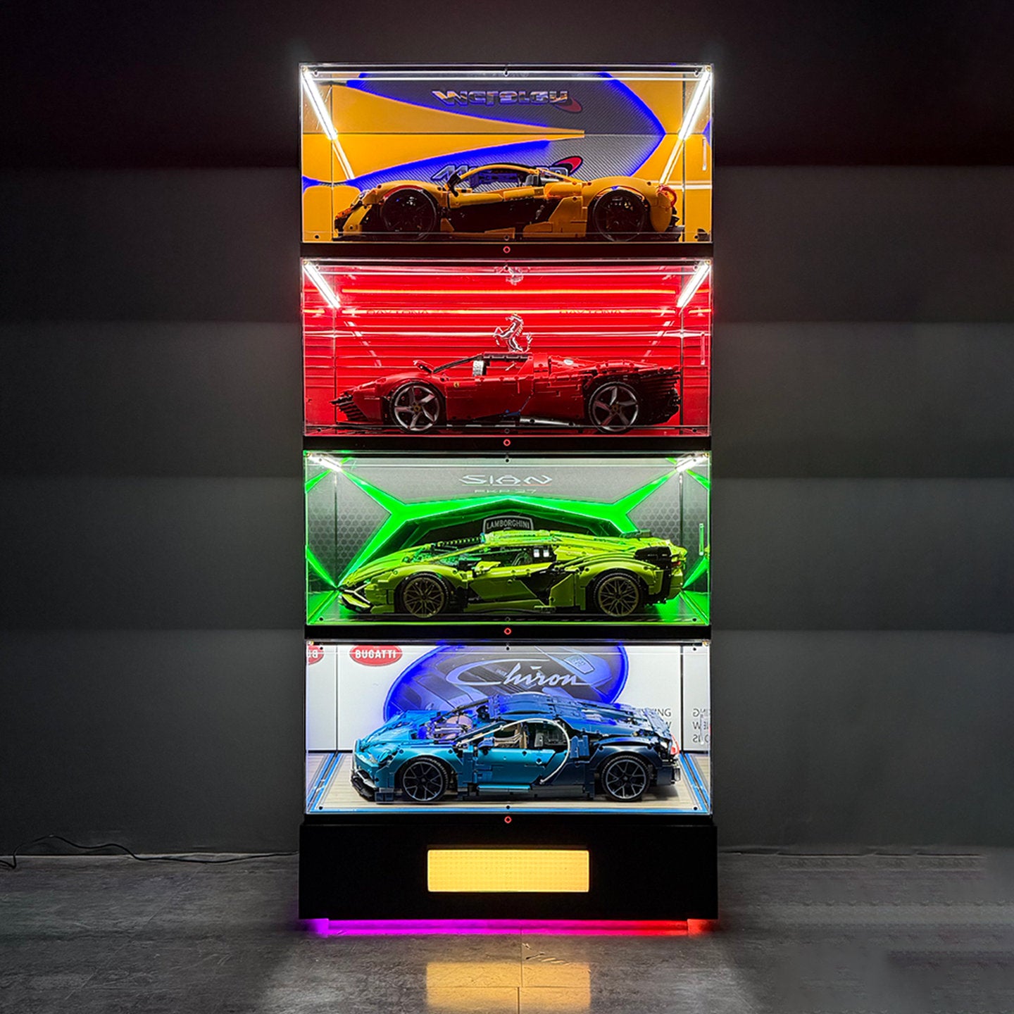 The Ultimate RGB LED Showcase with Premium Sloped Wooden Base for LEGO 1:8 Flagship Supercars - Wireless Stacking Edition