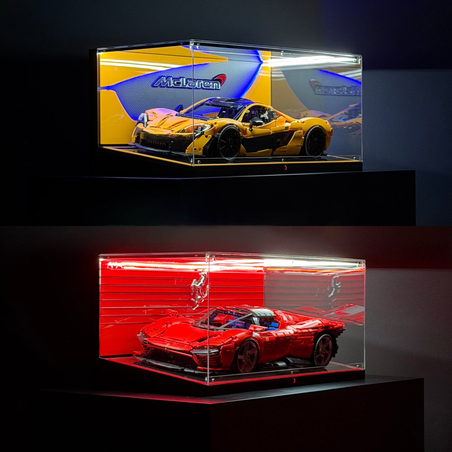 The Ultimate RGB LED Showcase with Premium Sloped Wooden Base for LEGO 1:8 Flagship Supercars - Wireless Stacking Edition