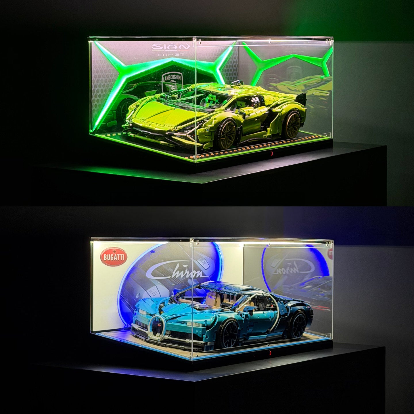 The Ultimate RGB LED Showcase with Premium Sloped Wooden Base for LEGO 1:8 Flagship Supercars - Wireless Stacking Edition
