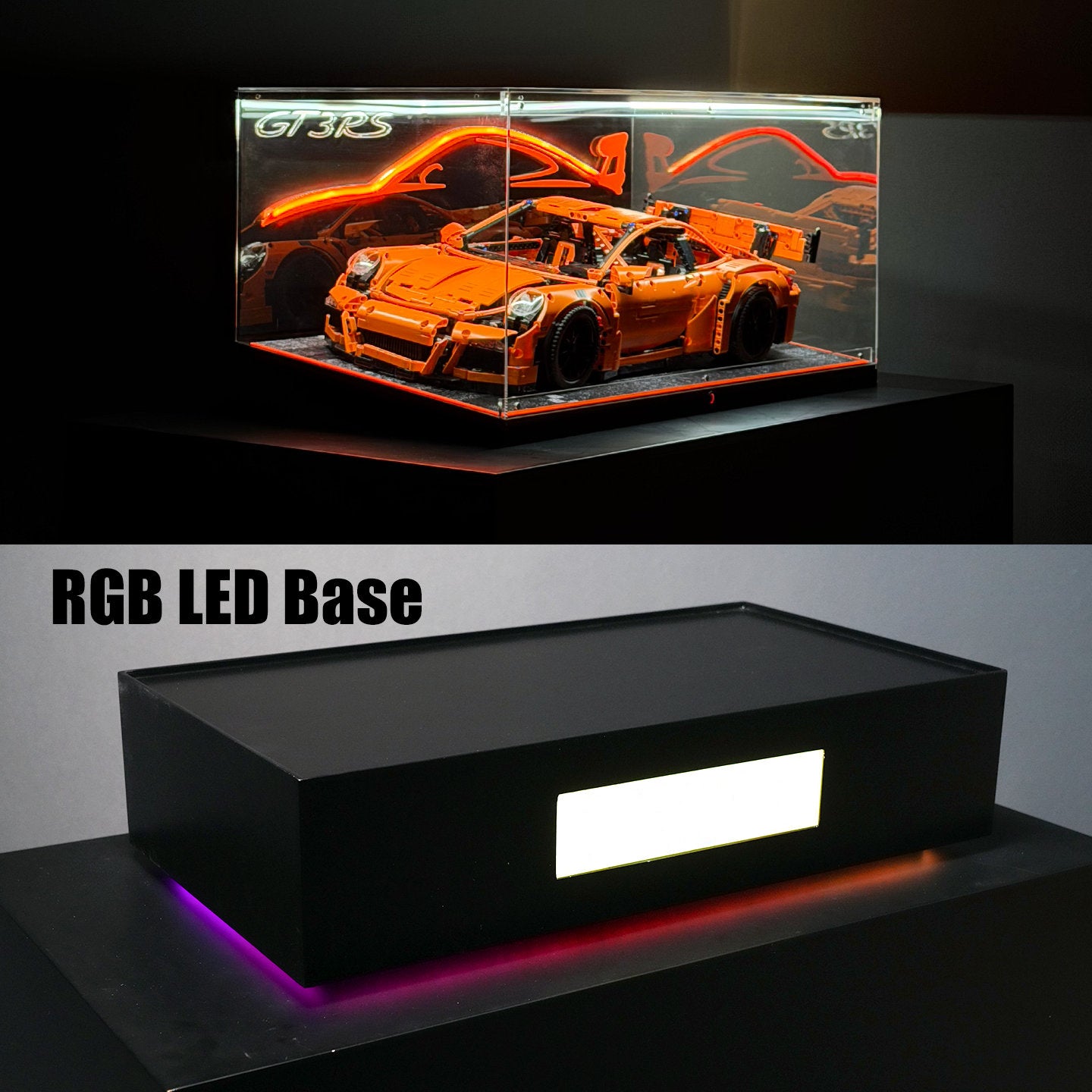 The Ultimate RGB LED Showcase with Premium Sloped Wooden Base for LEGO 1:8 Flagship Supercars - Wireless Stacking Edition