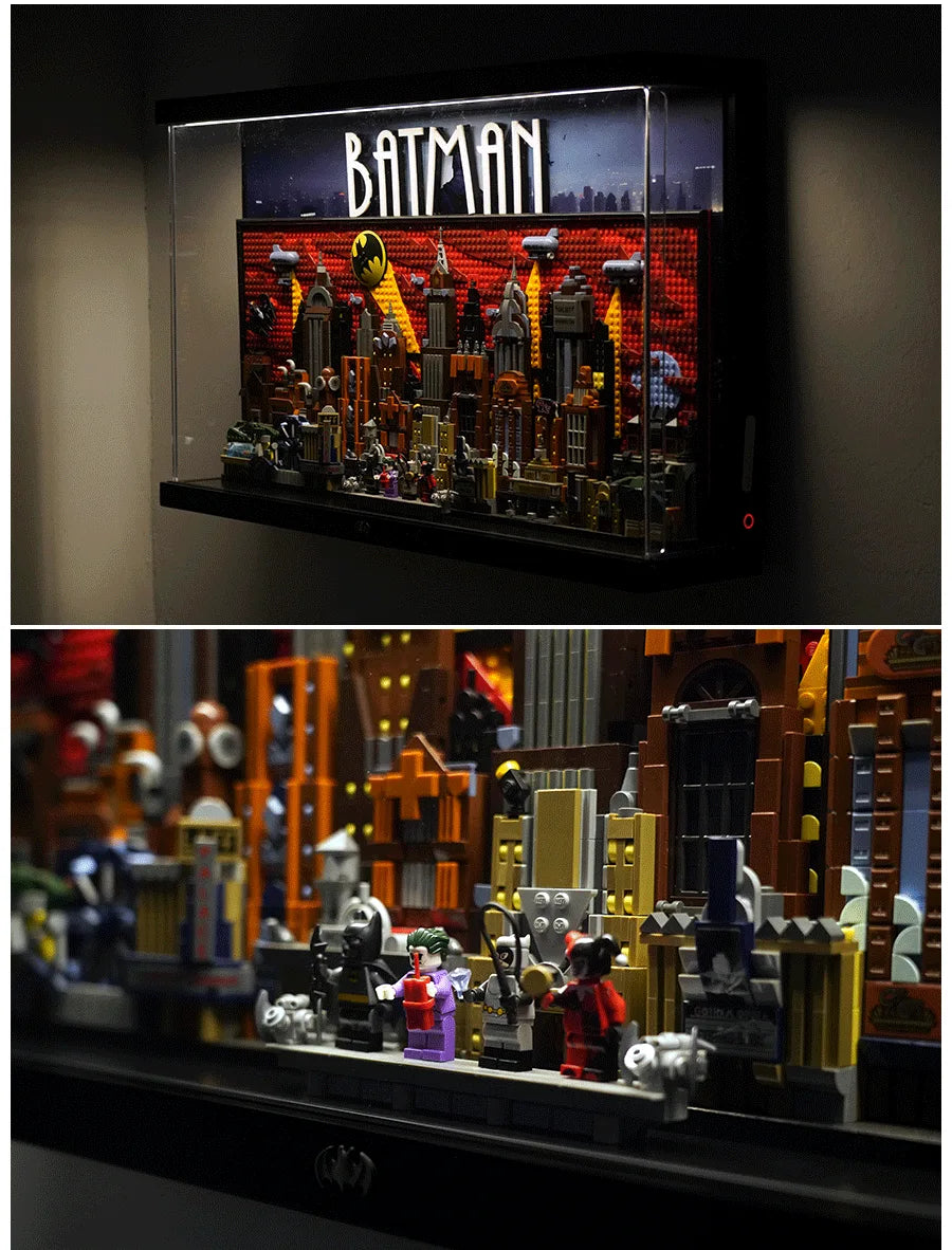 Premium Pine Wood LED Display Case for LEGO® 76271 Gotham City | Sliding Acrylic Door | Integrated Power Bank Compartment