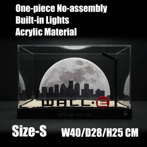 Cinematic LED Display Case for LEGO® 43279 WALL·E & EVE | Backlit Moon & City Skyline Backdrop | Realistic Stone Texture Base