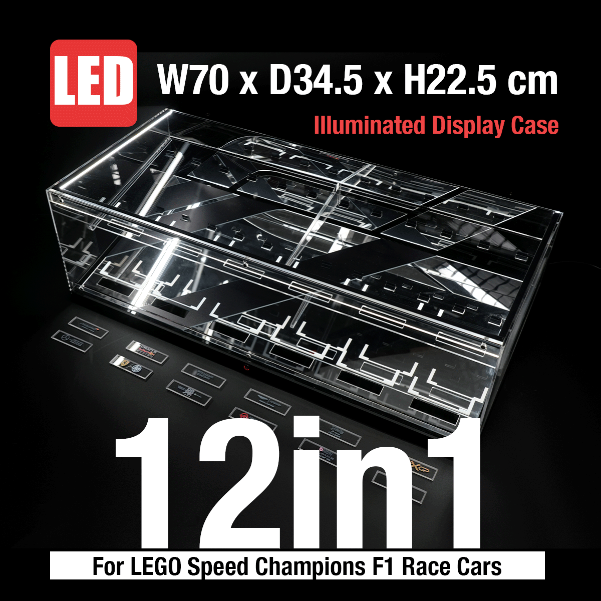 LED Display Case for LEGO® Speed Champions F1™ Series | 10 or 12 Slots | Stackable Wall Mount with Magnetic Door