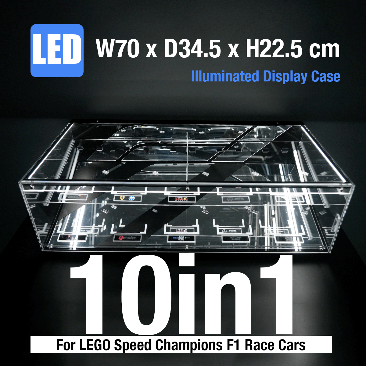 LED Display Case for LEGO® Speed Champions F1™ Series | 10 or 12 Slots | Stackable Wall Mount with Magnetic Door